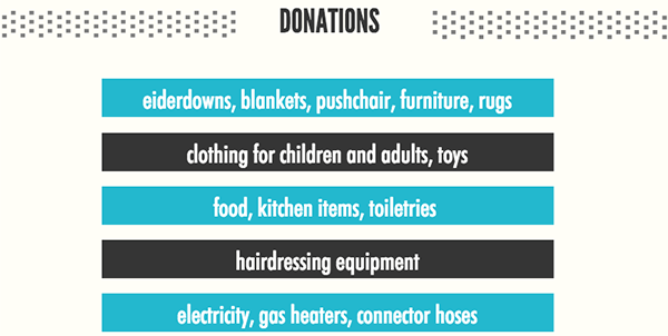 donations: eiderdowns, blankets, pushchair, furniture, rugs, clothing for children and adults, toys. Food, kitchen items, toiletries, hairdressing equipment for a professional hairdresser to set up work, electricity, gas heaters, connector hoses 